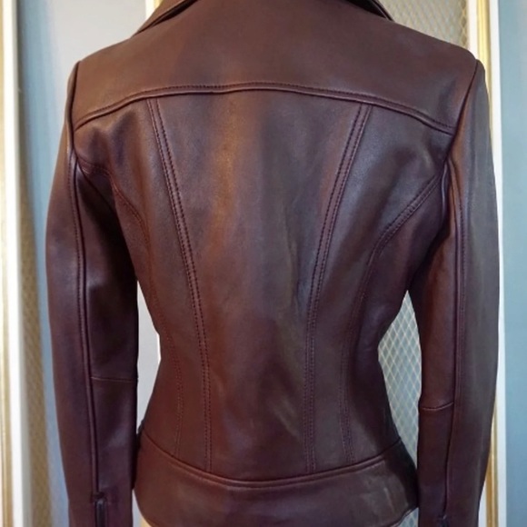 MICHAEL Michael Kors Leather Burgundy Wine Moto Jacket Small - Picture 4 of 7